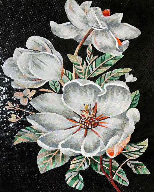 "Magnolia Night" Handmade Floral Mosaic: Elegant White Flowers on Black