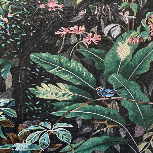 Blue Wren in Tropical Jungle Glass Mosaic Art