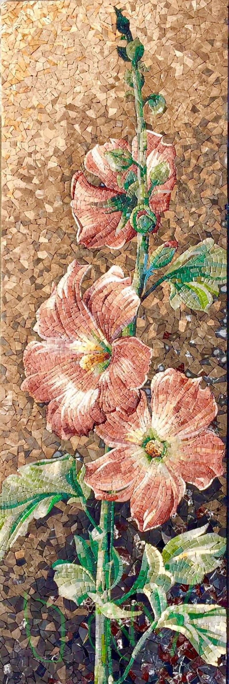 Pink Hollyhock Flowers Mosaic Art