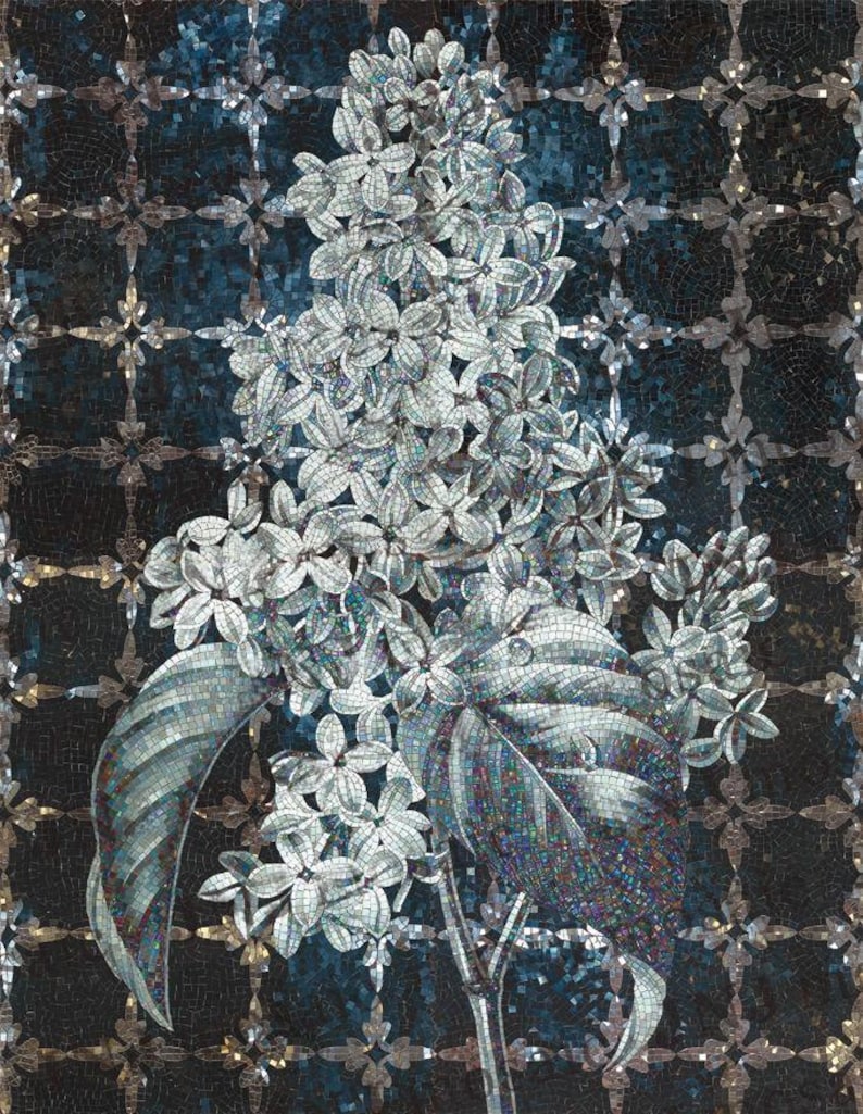 Silver Lilac Blossom Glass Mosaic Art