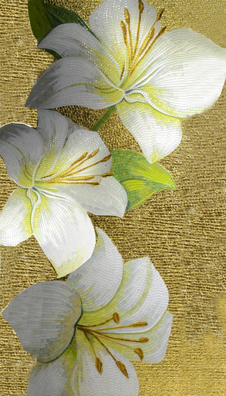 White Lilies Gold Glass Mosaic Art