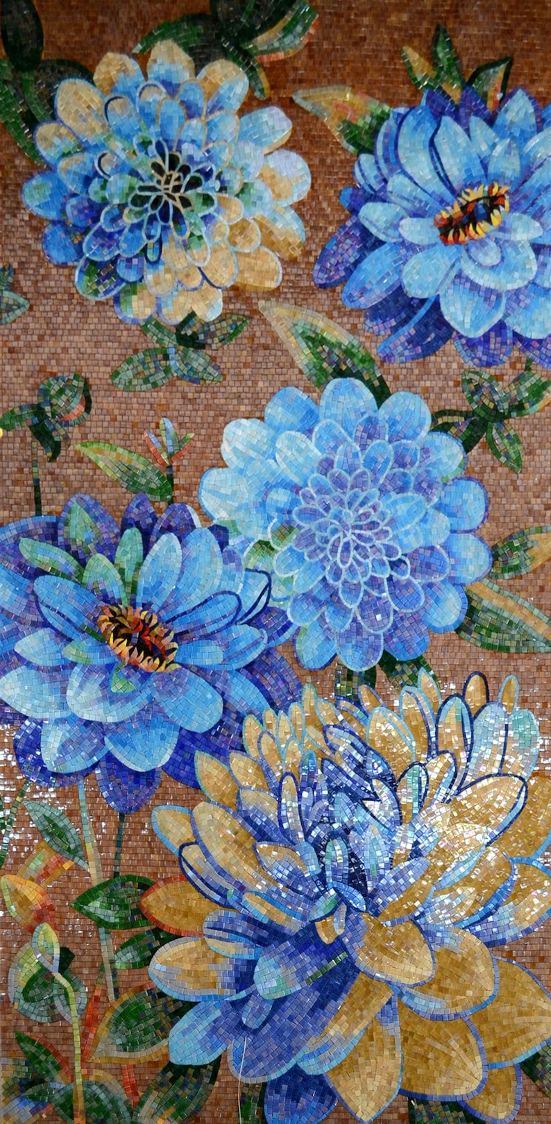 Blue Dahlia Blossoms Glass Mosaic Art