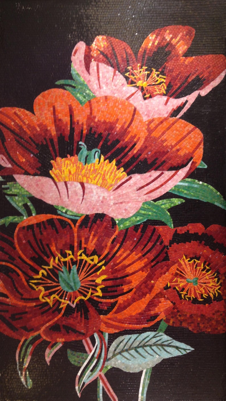 Red Poppies Glass Mosaic Art