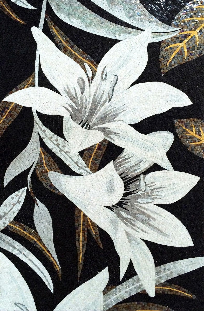 White Lily on Black Glass Mosaic Art