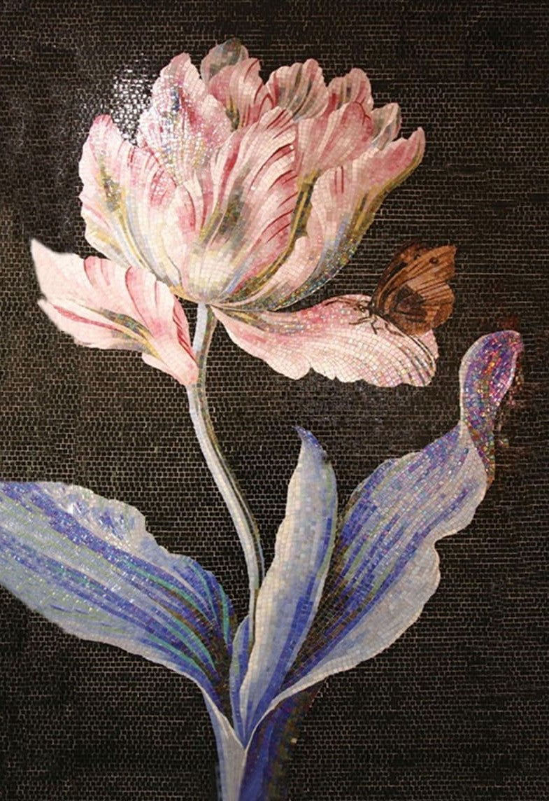 Pink Tulip and Butterfly Glass Mosaic Art