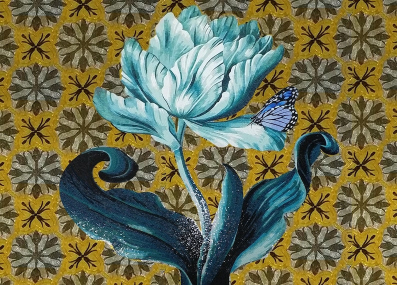 Teal Tulip and Butterfly Glass Mosaic Art