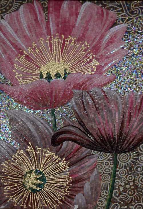 Pink Poppies on Gold Glass Mosaic Art