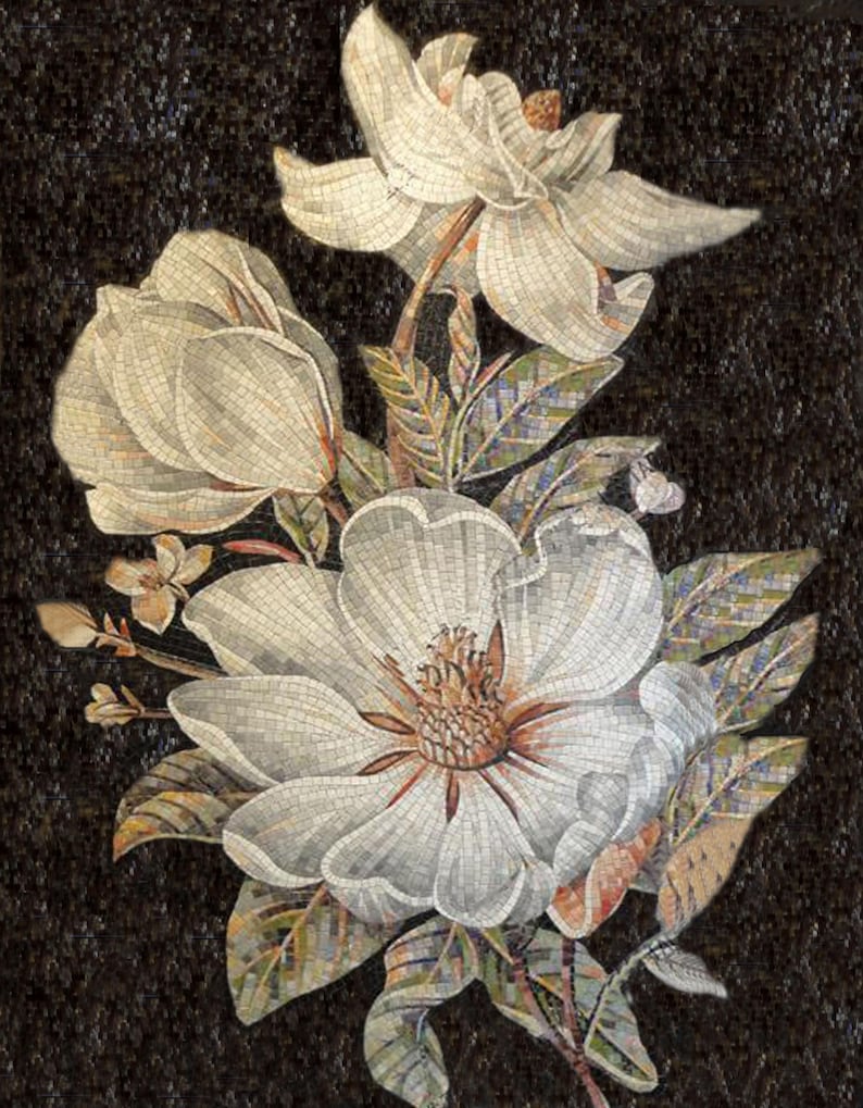 White Magnolia Blossoms Glass Mosaic Art