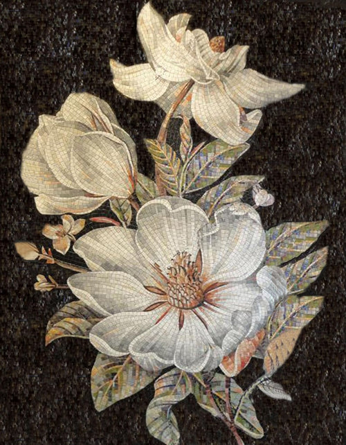 White Magnolia Blossoms Glass Mosaic Art