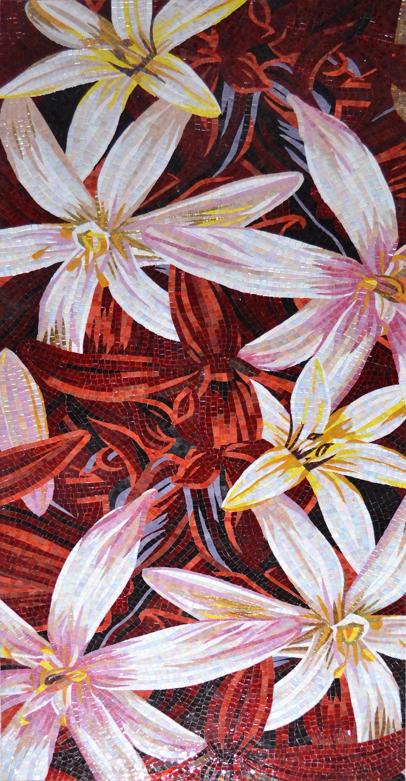 Star Lilies on Crimson Glass Mosaic Art