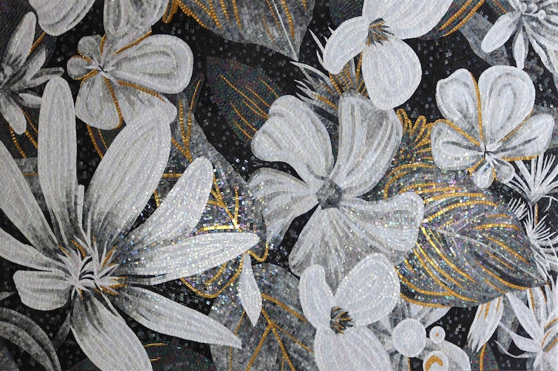 White Blossoms and Gold Glass Mosaic Art
