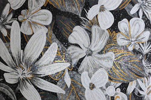 White Blossoms and Gold Glass Mosaic Art