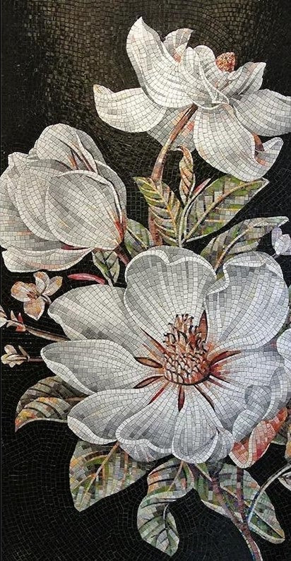 White Magnolia on Black Marble Mosaic Art
