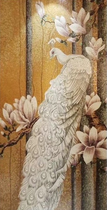 White Peacock and Magnolia Glass Mosaic Art