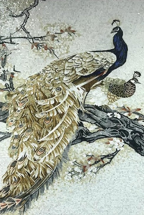 Peacock Pair on Blossom Branch Marble Mosaic Art