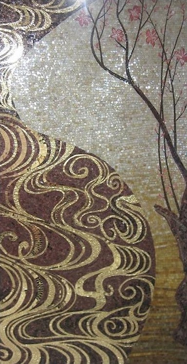 Golden Swirl Cherry Blossom Glass Mosaic Art