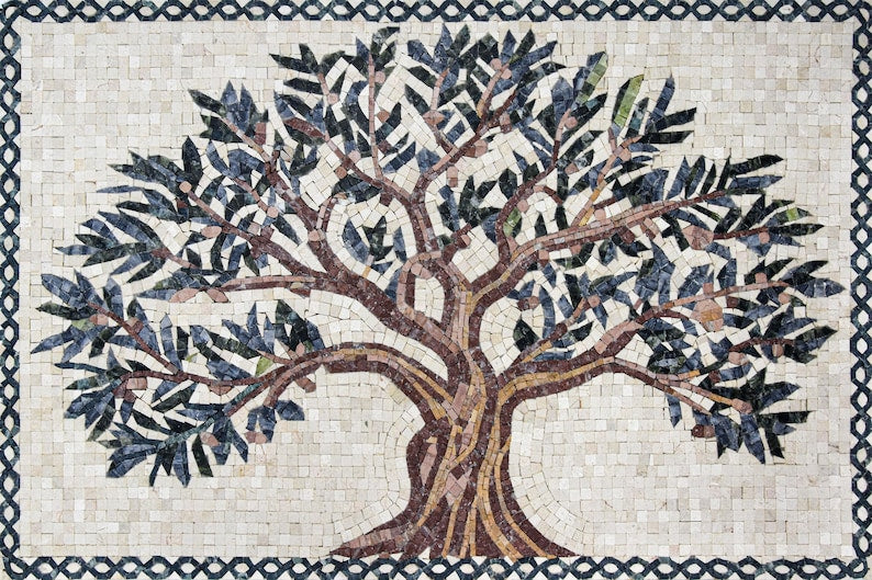 Olive Tree of Life Braided Border Marble Mosaic Art