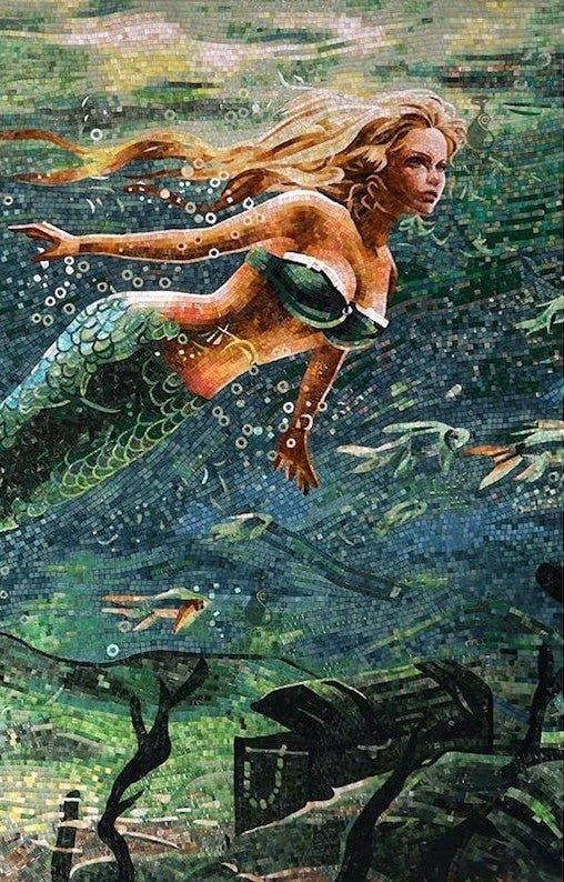 Swimming Mermaid Underwater Glass Mosaic Art