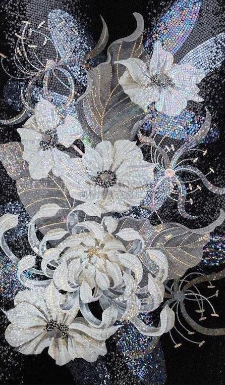 Iridescent White Blossoms on Black Glass Mosaic Art