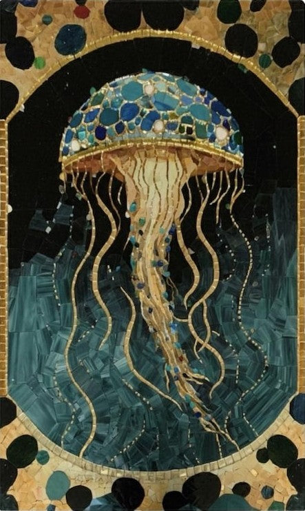 Blue and Gold Jellyfish Glass Mosaic Art