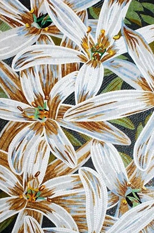 White Lilies with Amber Hearts Glass Mosaic Art