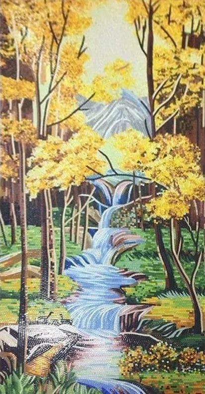Autumn Forest Waterfall Glass Mosaic Art