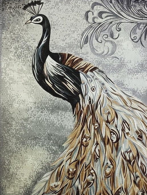 Gray Peacock with Scrollwork Marble Mosaic Art
