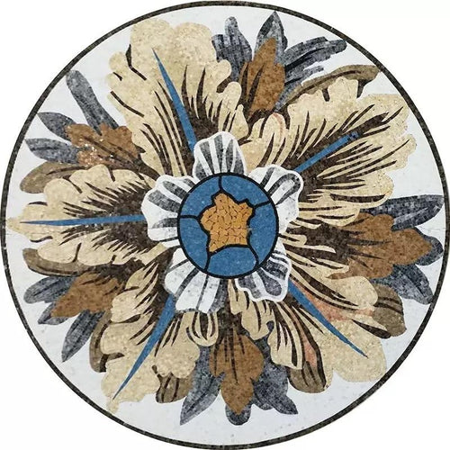 Blue-Centered Floral Rosette Marble Mosaic Art