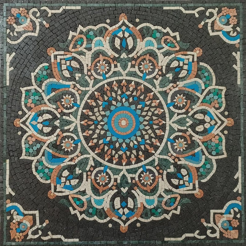Blue Teal Mandala Marble Mosaic Art