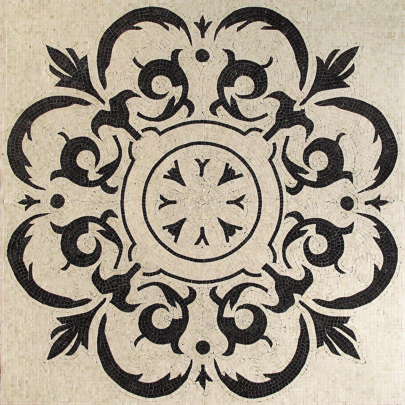 Black and Cream Acanthus Panel Marble Mosaic Art