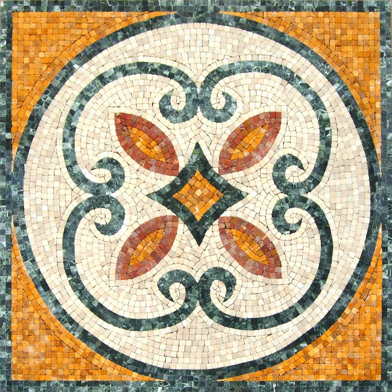 Orange Scroll Geometric Medallion Marble Mosaic Art