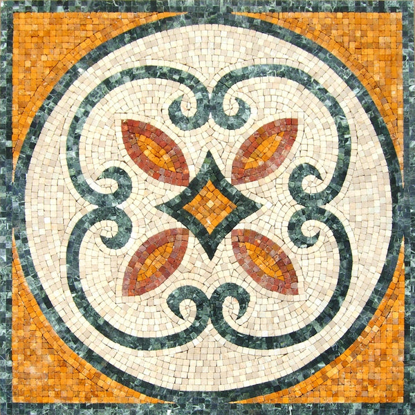 Orange Scroll Geometric Medallion Marble Mosaic Art