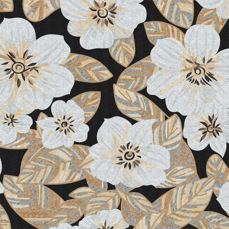White Blossoms on Black Glass Mosaic Art