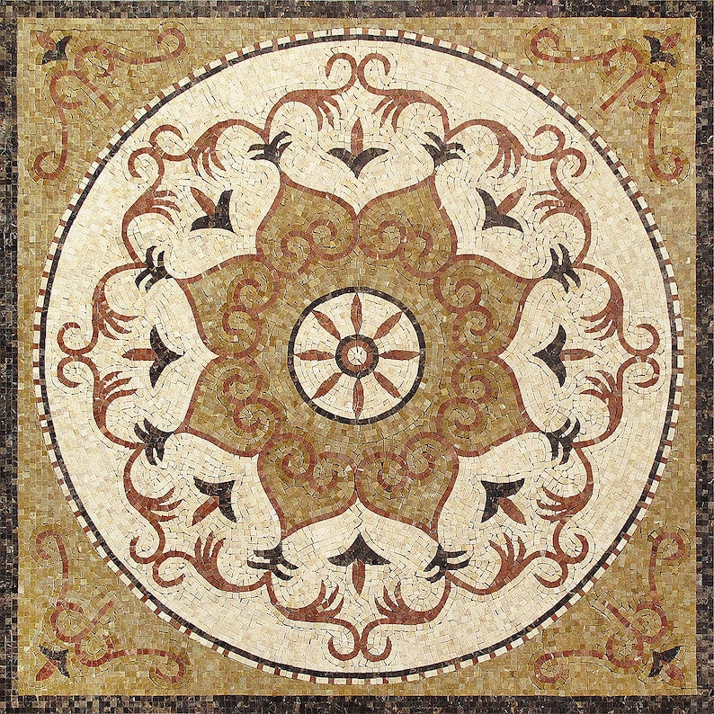 Roman Floral Scroll Medallion Marble Mosaic Art