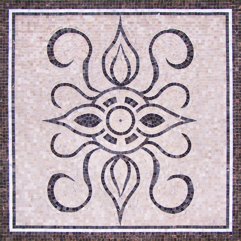 Black and Cream Floral Sun Medallion Marble Mosaic Art