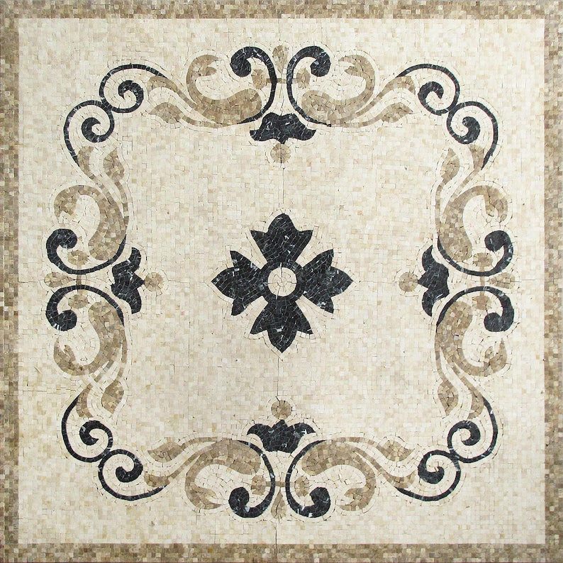 Baroque Floral Scroll Panel Marble Mosaic Art