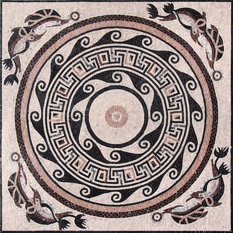 Greek Key Wave Medallion Marble Mosaic Art