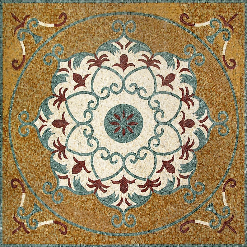 Golden Floral Rosette Panel Marble Mosaic Art