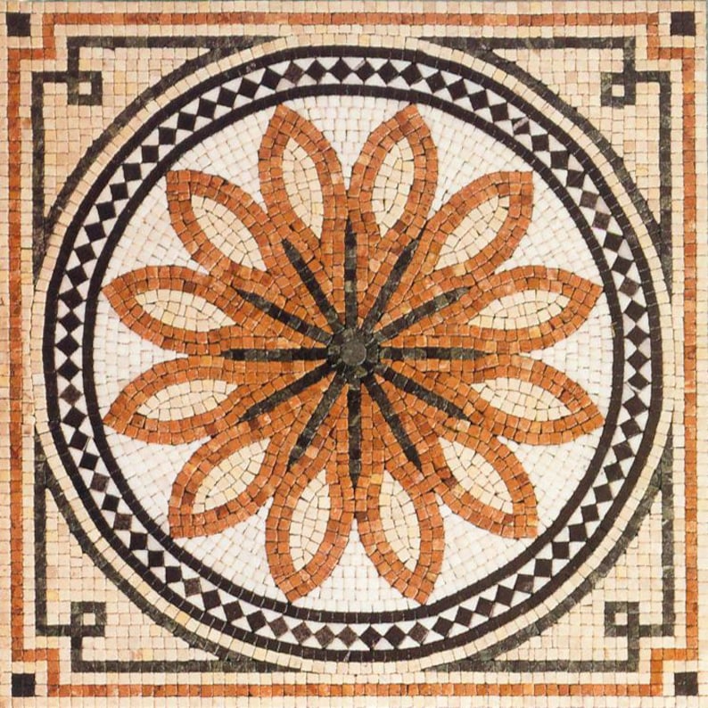 Terracotta Petal Rosette Medallion Marble Mosaic Art