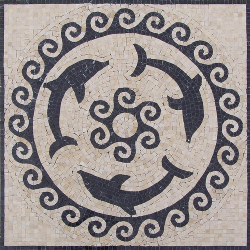 Three Dolphins Nautical Medallion Marble Mosaic Art