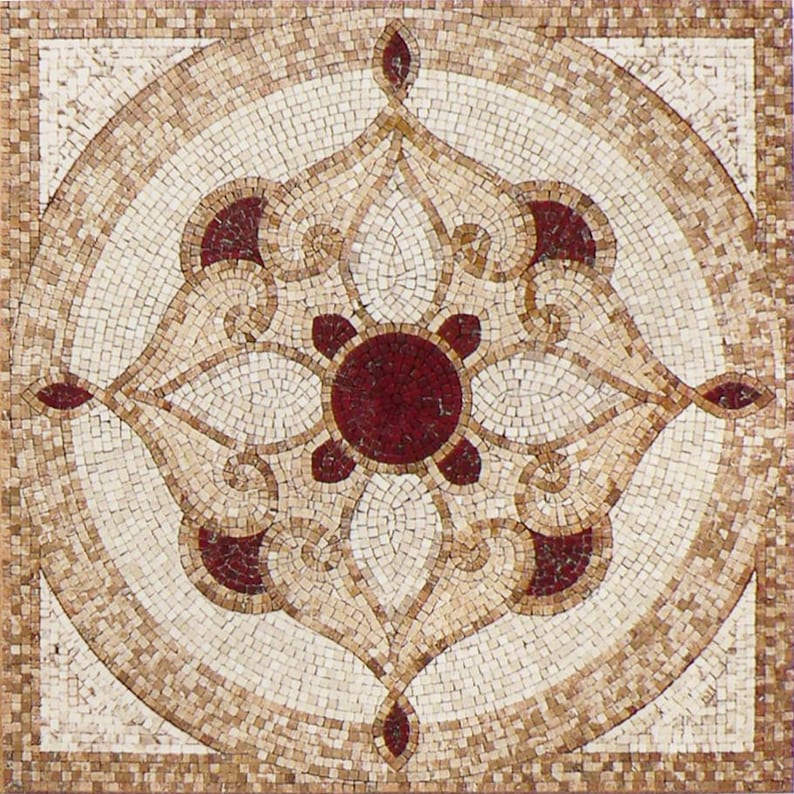 Burgundy Rosette Floral Medallion Marble Mosaic Art