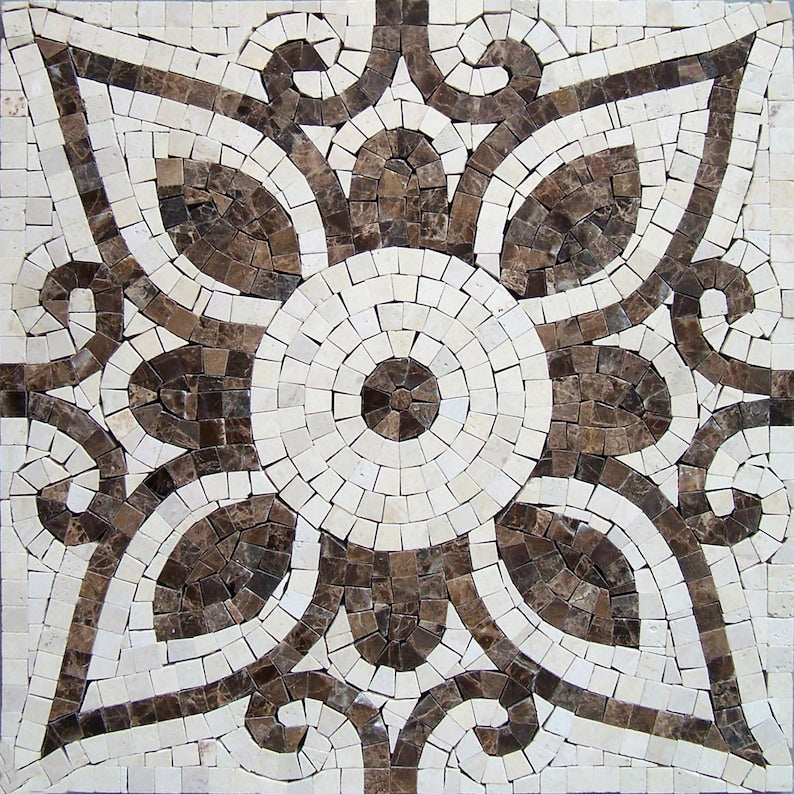 Brown and Cream Interlace Medallion Marble Mosaic Art