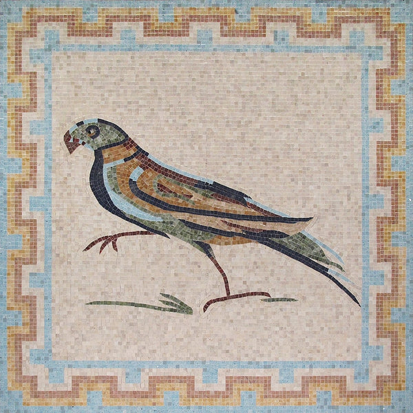 Perched Bird Greek Key Panel Marble Mosaic Art