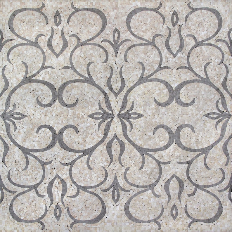 Gray Damask Scroll Pattern Marble Mosaic Art