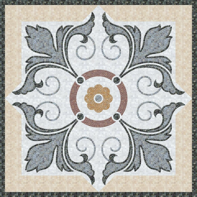 Gray Acanthus Leaf Medallion Marble Mosaic Art