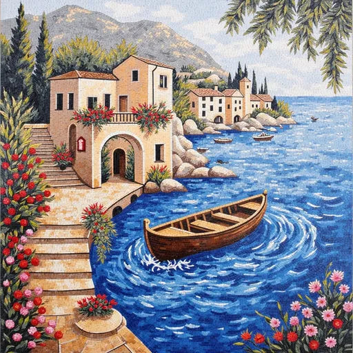 Boat by Coastal Villa Steps - Mosaic Landscape | Landscape Mosaics | iMosaicArt
