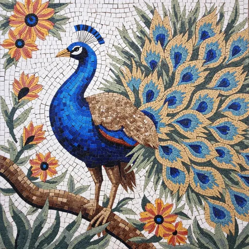 Peacock on a Branch with Sunflowers Mosaic | Bird Mosaics | iMosaicArt