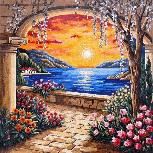 Archway View of Sunset over the Sea with Flowers Mosaic