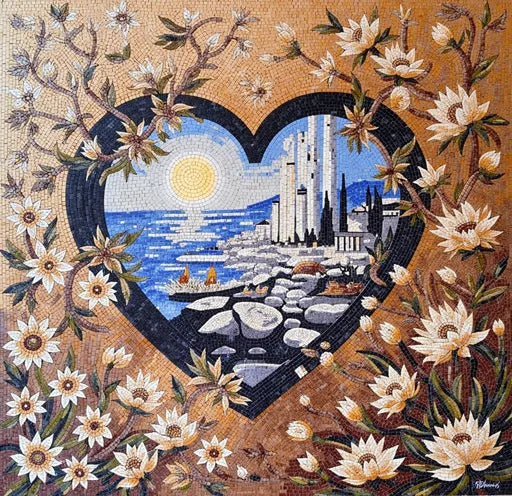 Coastal Vista in a Heart Frame: A Mosaic of Tranquility | Landscape Mosaics | iMosaicArt