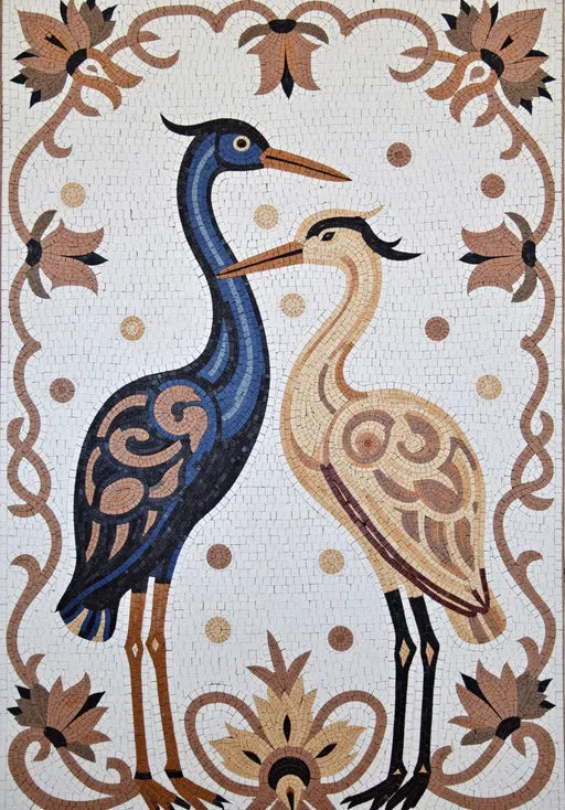 Elegant Cranes with Floral Border Mosaic | Bird Mosaics | iMosaicArt